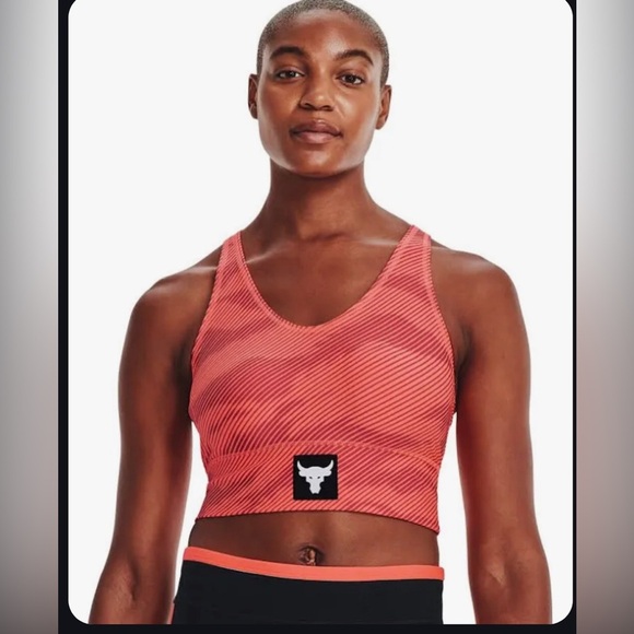 Under Armour Tangerine orange Project Rock Heat Gear Striped Sports Bra Sz L new - Picture 1 of 8